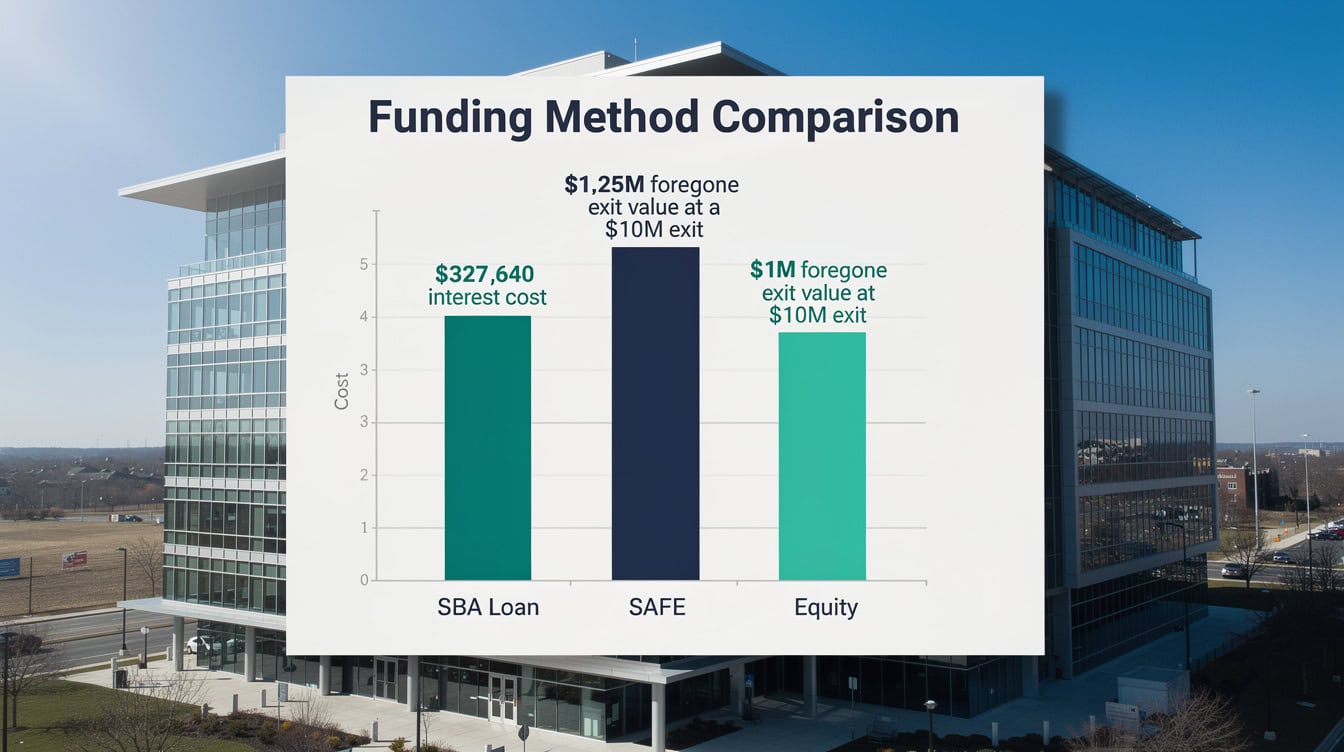 Bar chart comparing total cost of capital for 0K SBA loan vs SAFE vs equity raise at a M exit | eFinancialModels Bar chart comparing total cost of capital for 0K SBA loan vs SAFE vs equity raise at a M exit
