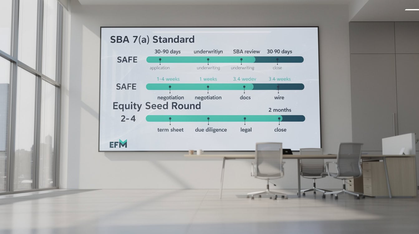 Timeline comparison diagram showing SBA loan SAFE and equity seed round closing timelines and key milestones | eFinancialModels Timeline comparison diagram showing SBA loan, SAFE, and equity seed round closing timelines and key milestones