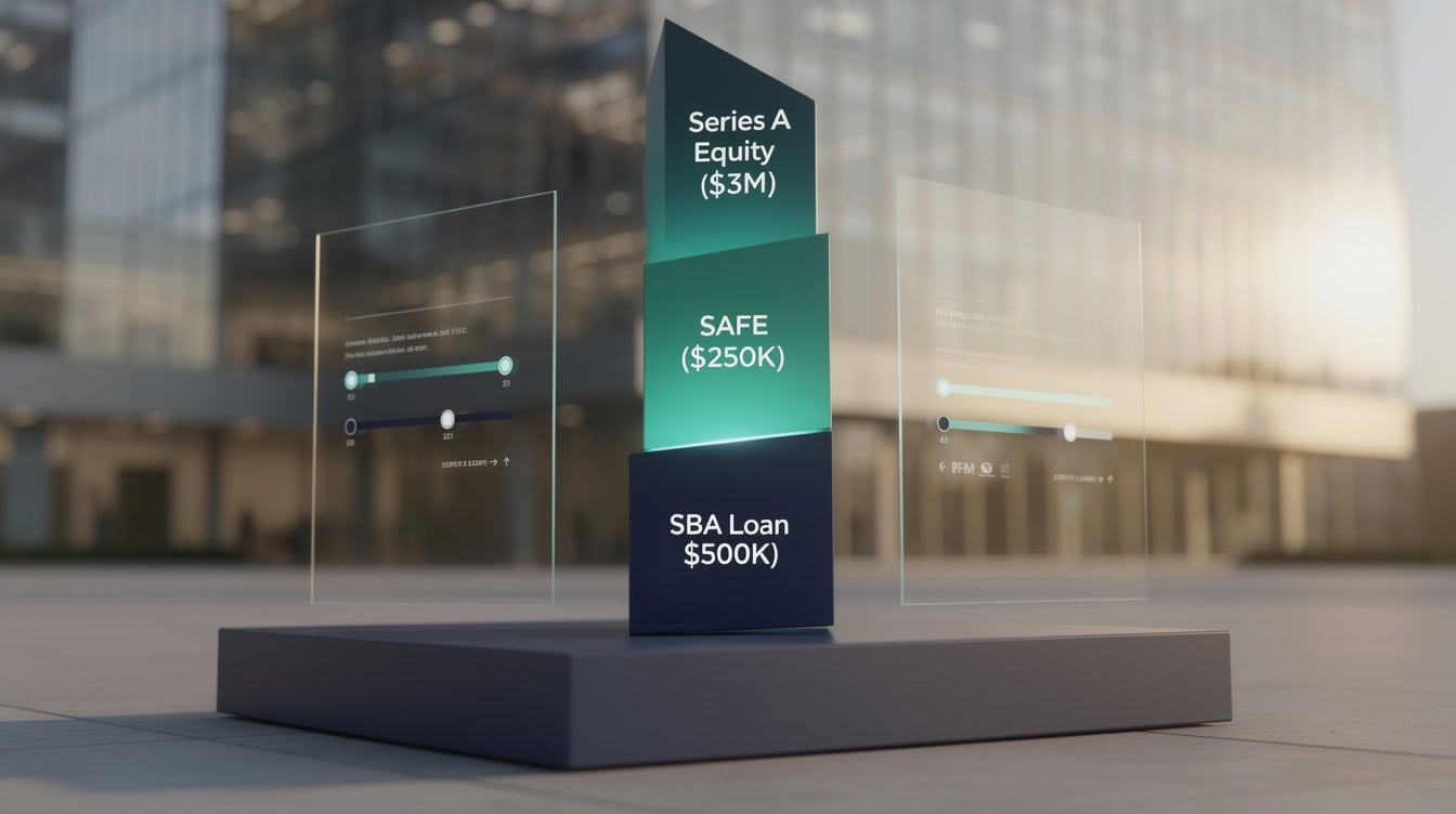 Hybrid financing strategy diagram showing layered SBA loan SAFE and Series A equity in sequence | eFinancialModels Hybrid financing strategy diagram showing layered SBA loan, SAFE, and Series A equity in sequence