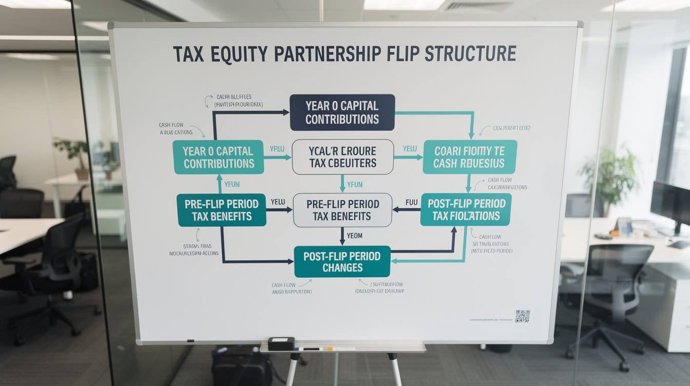Tax equity partnership flip structure flowchart showing pre-flip and post-flip allocation percentages | eFinancialModels Tax equity partnership flip structure flowchart showing pre-flip and post-flip allocation percentages