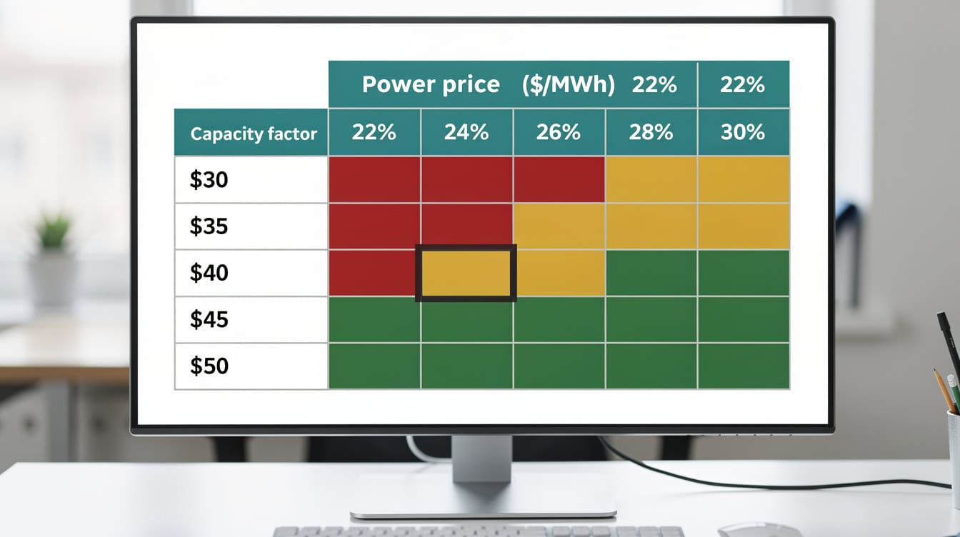 Two-variable sensitivity table showing project IRR across power price and capacity factor scenarios | eFinancialModels Two-variable sensitivity table showing project IRR across power price and capacity factor scenarios