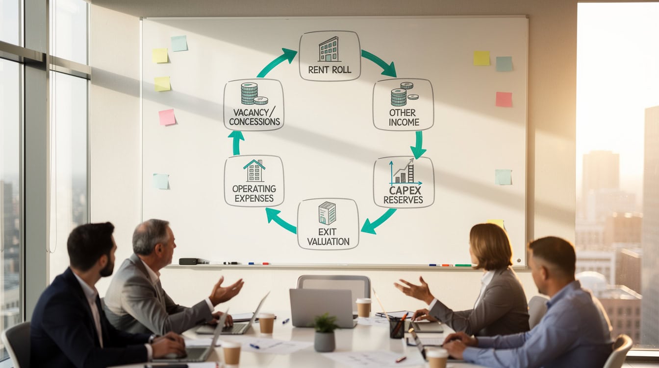 Circular flow diagram showing 8 core components of an institutional-grade multifamily financial model | eFinancialModels Circular flow diagram showing 8 core components of an institutional-grade multifamily financial model