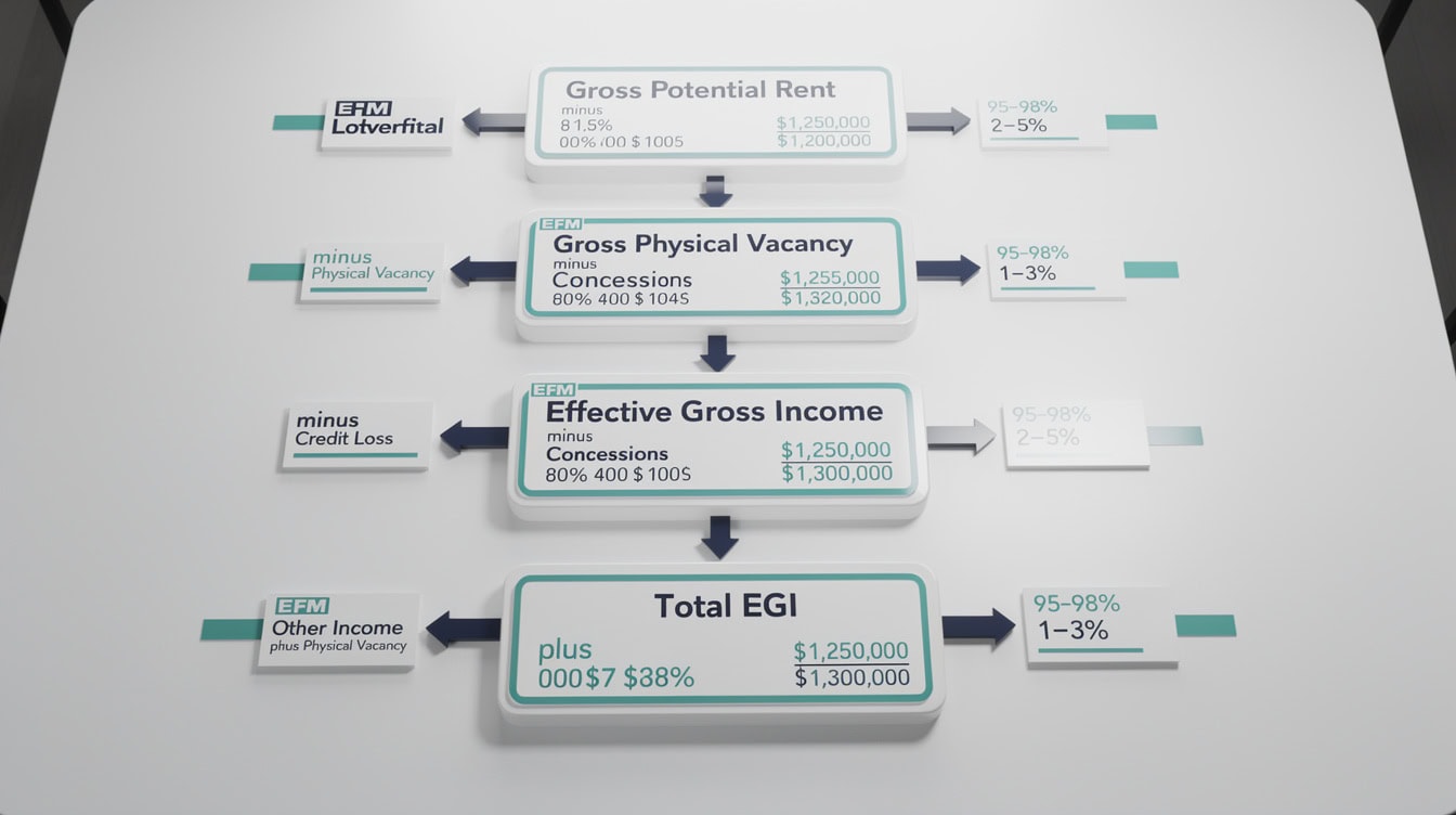 Revenue waterfall diagram for multifamily property showing GPR to EGI calculation with vacancy and concession deductions | eFinancialModels Revenue waterfall diagram for multifamily property showing GPR to EGI calculation with vacancy and concession deductions