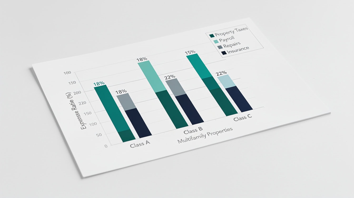 Bar chart comparing operating expense ratios for Class A B and C multifamily apartment properties by expense category | eFinancialModels Bar chart comparing operating expense ratios for Class A, B, and C multifamily apartment properties by expense category
