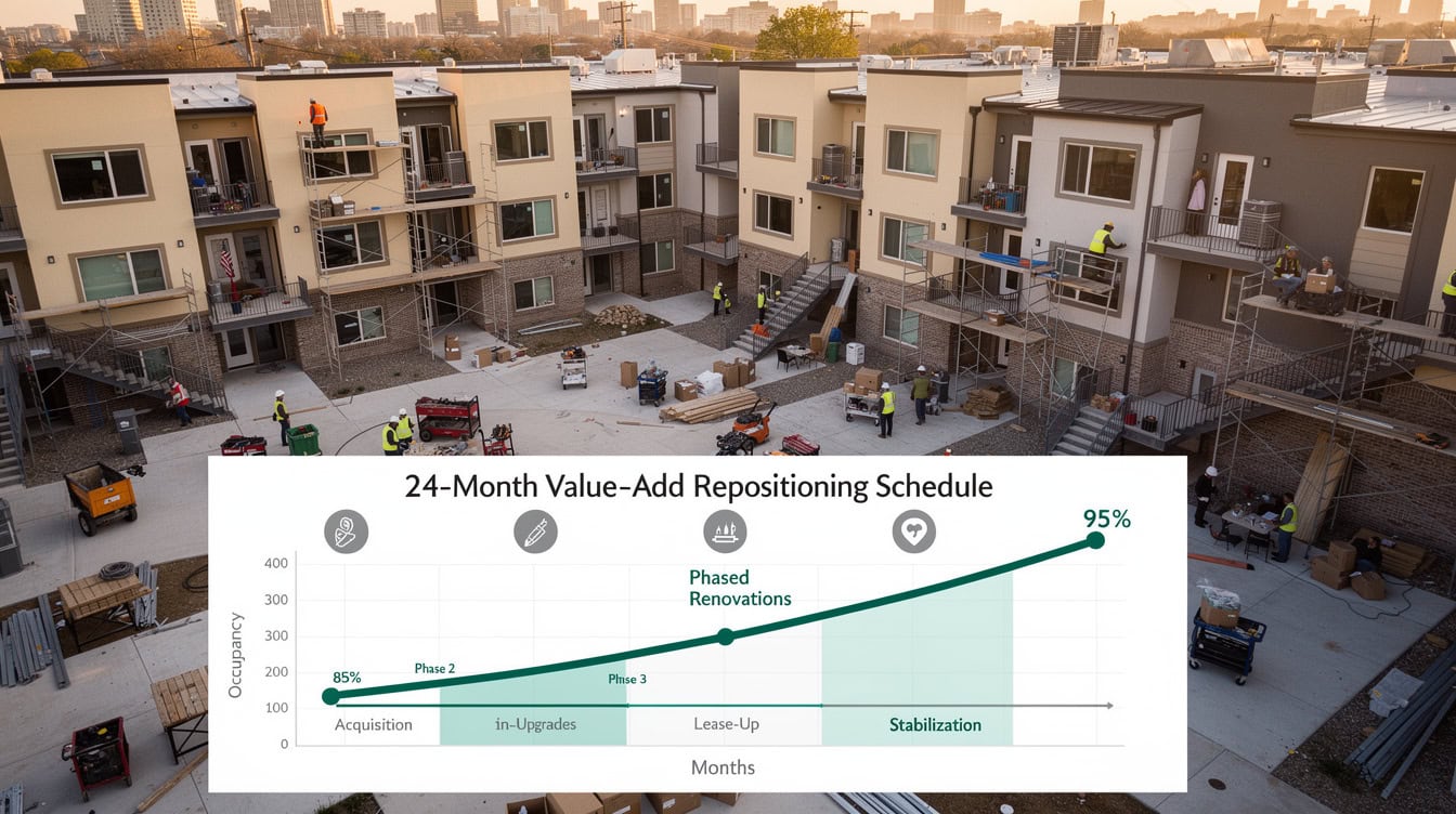 Timeline diagram showing 24-month multifamily value-add repositioning schedule with renovation phases and occupancy curve | eFinancialModels Timeline diagram showing 24-month multifamily value-add repositioning schedule with renovation phases and occupancy curve