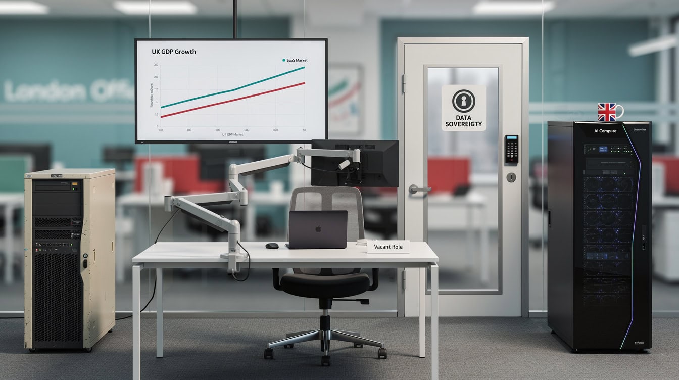 Five icons representing UK SaaS adoption barriers legacy systems economic uncertainty talent shortages data sovereignty and AI commoditisation | eFinancialModels Five icons representing UK SaaS adoption barriers: legacy systems, economic uncertainty, talent shortages, data sovereignty, and AI commoditisation