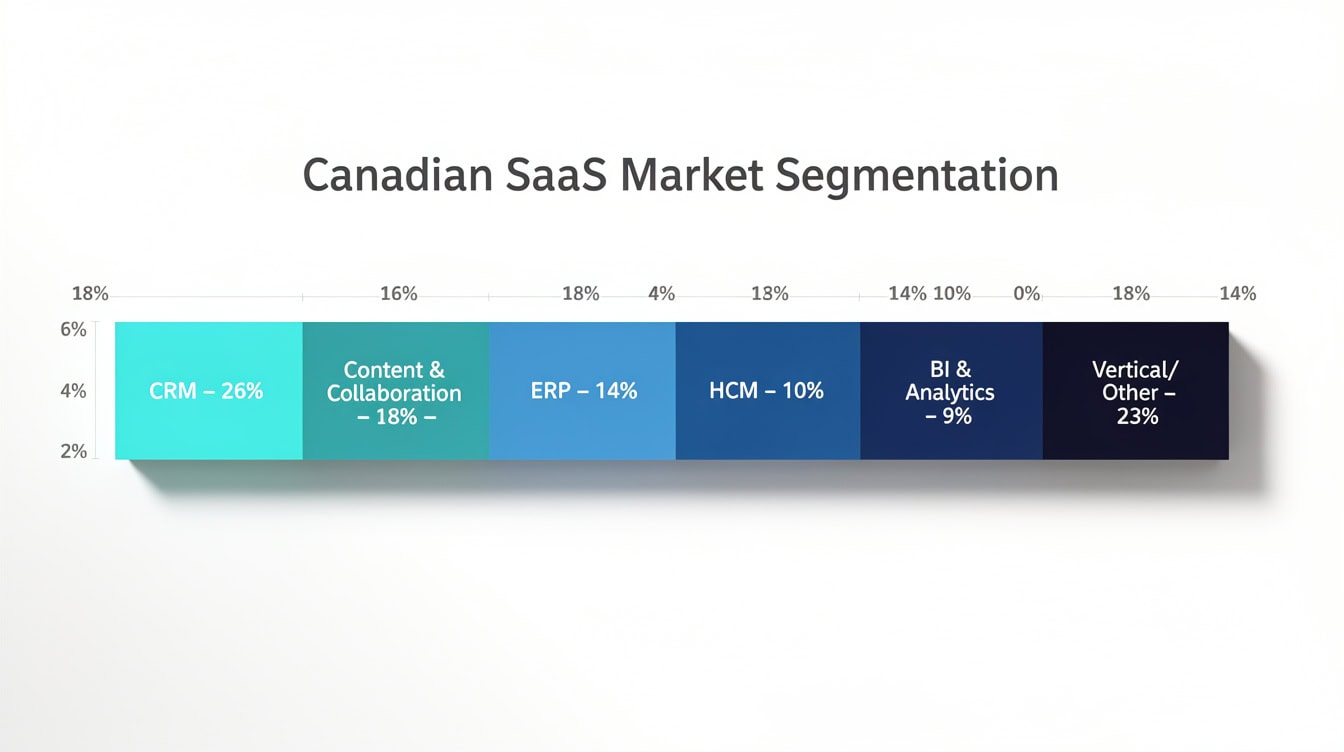 Pie chart showing Canada SaaS market breakdown by application segment including CRM ERP HCM collaboration and vertical software | eFinancialModels Pie chart showing Canada SaaS market breakdown by application segment including CRM, ERP, HCM, collaboration, and vertical software