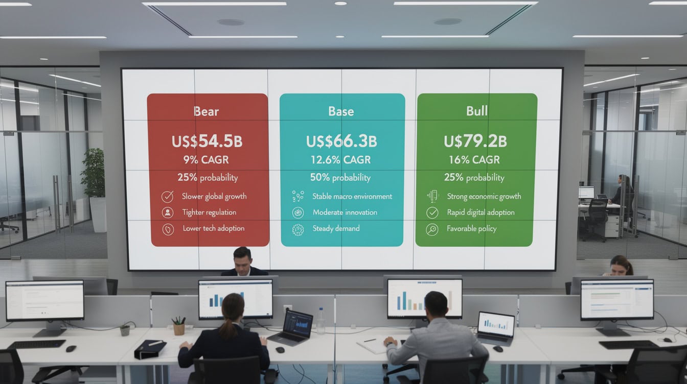 Three scenario cards comparing Bear Base and Bull cases for Canada SaaS market size in 2031 | eFinancialModels Three scenario cards comparing Bear, Base, and Bull cases for Canada SaaS market size in 2031