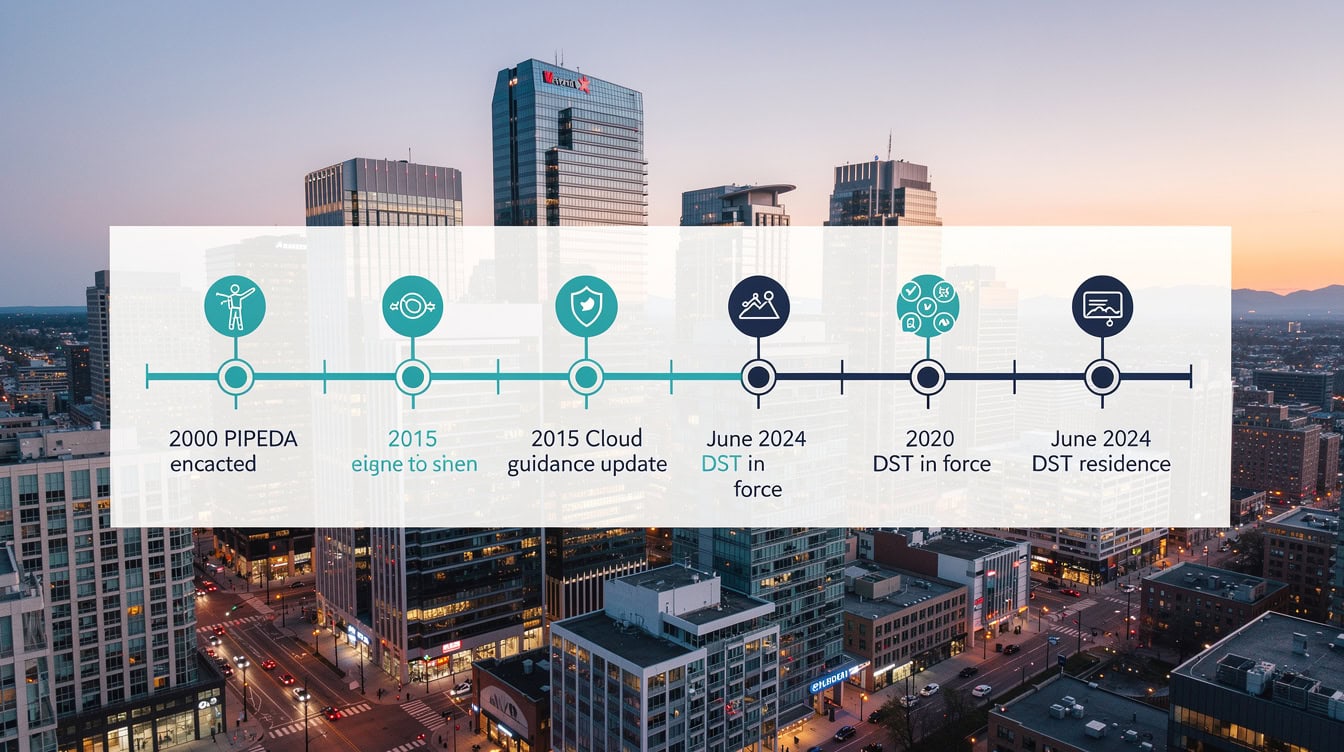 Timeline showing key Canadian SaaS regulatory milestones from PIPEDA in 2000 through Quebec Law 25 in 2024 and Bill C-27 lapsing in 2025 | eFinancialModels Timeline showing key Canadian SaaS regulatory milestones from PIPEDA in 2000 through Quebec Law 25 in 2024 and Bill C-27 lapsing in 2025