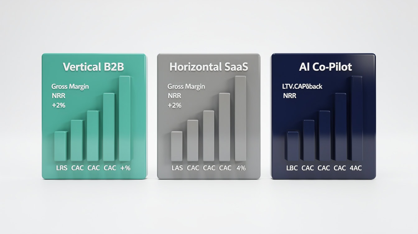 Unit economics scorecard comparison for Vertical B2B SaaS Horizontal SaaS and AI Co-Pilot SaaS showing gross margin NRR CAC payback and LTVCAC benchmarks | eFinancialModels Unit economics scorecard comparison for Vertical B2B SaaS, Horizontal SaaS, and AI Co-Pilot SaaS showing gross margin, NRR, CAC payback, and LTV:CAC benchmarks