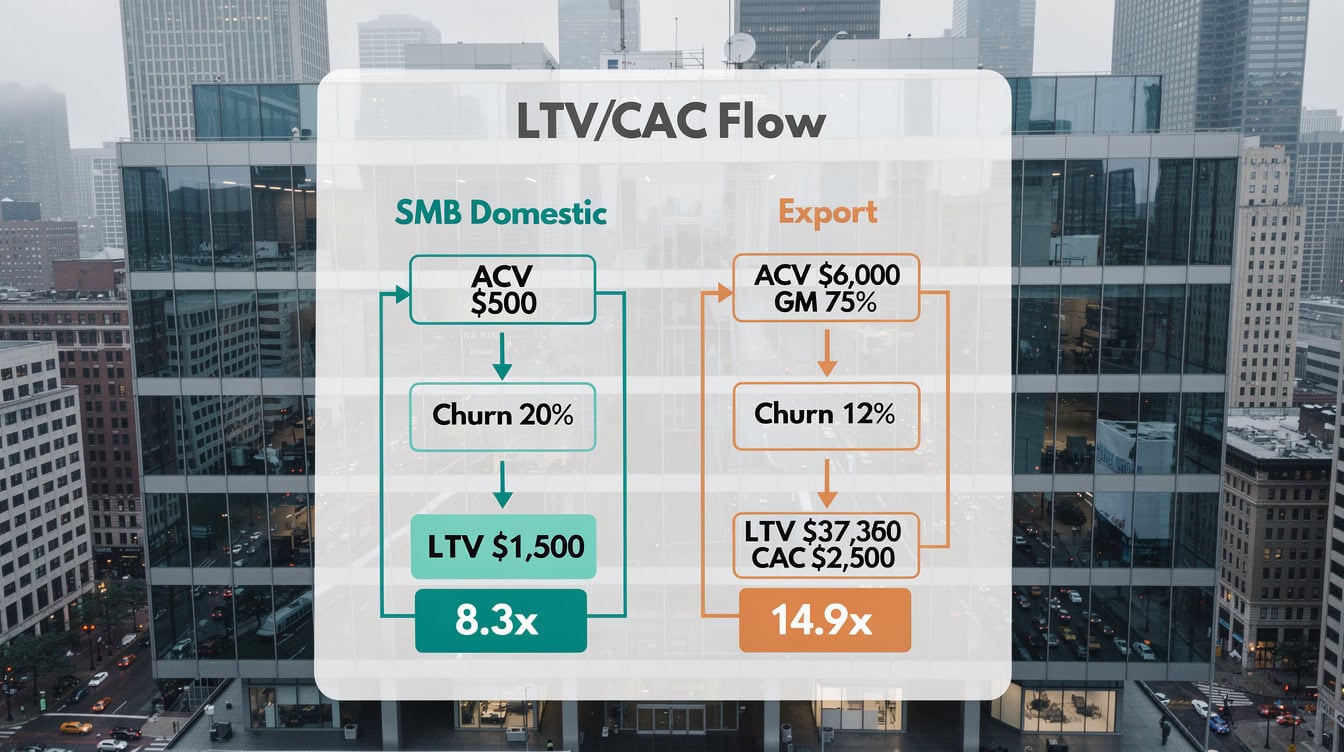 LTV to CAC ratio calculation flowchart comparing Indian SMB domestic SaaS at 83x versus horizontal export SaaS at 149x | eFinancialModels LTV to CAC ratio calculation flowchart comparing Indian SMB domestic SaaS at 8.3x versus horizontal export SaaS at 14.9x