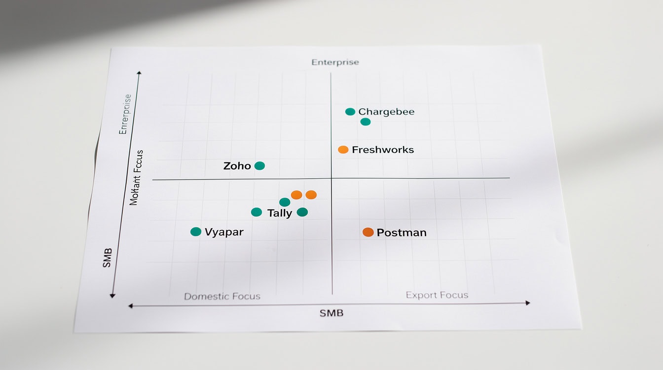 Competitive landscape quadrant matrix positioning Indian SaaS companies by domestic versus export focus and SMB versus enterprise customer segment | eFinancialModels Competitive landscape quadrant matrix positioning Indian SaaS companies by domestic versus export focus and SMB versus enterprise customer segment