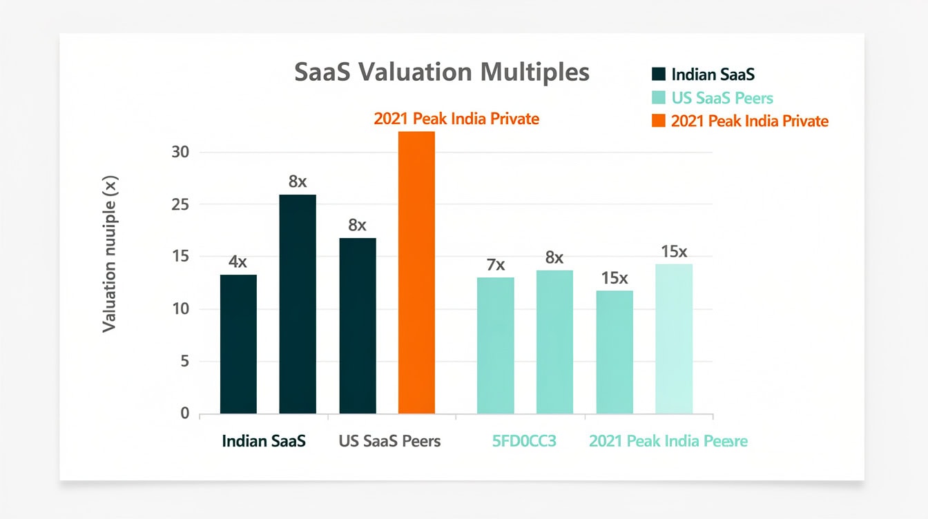 Bar chart comparing valuation multiples for Indian SaaS companies at 4-8x forward revenue versus US SaaS peers at 8-15x with 2021 peak private market multiples of 20-30x shown for context | eFinancialModels Bar chart comparing valuation multiples for Indian SaaS companies at 4-8x forward revenue versus US SaaS peers at 8-15x, with 2021 peak private market multiples of 20-30x shown for context