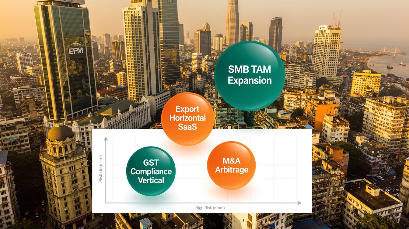 Risk-return matrix plotting India SaaS investment themes including SMB TAM expansion export horizontal SaaS GST compliance vertical and MA arbitrage opportunities | eFinancialModels Risk-return matrix plotting India SaaS investment themes including SMB TAM expansion, export horizontal SaaS, GST compliance vertical, and M&A arbitrage opportunities