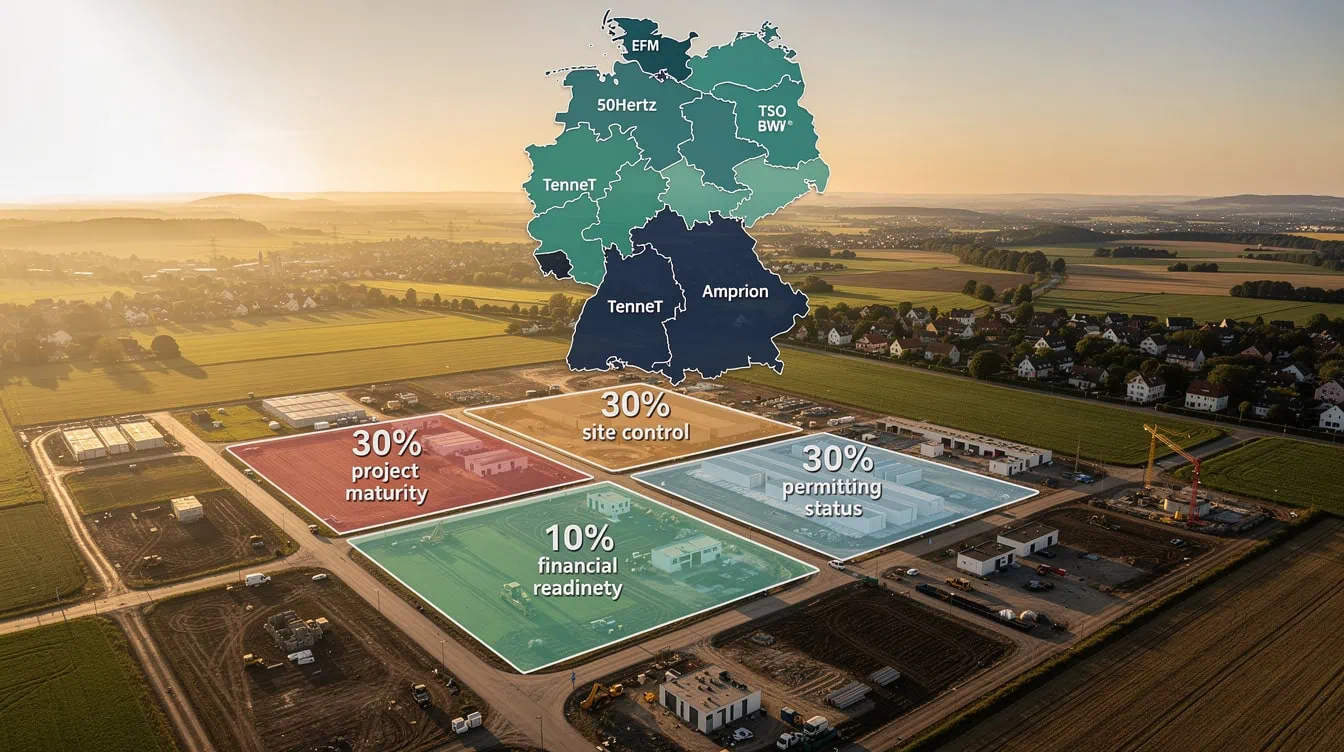 Diagram of Germany | eFinancialModels Diagram of Germany's Reifegradverfahren 30/30/30/10 grid-connection scoring system across four TSO control zones