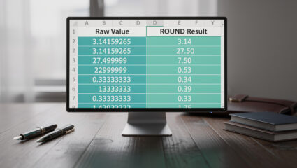 Excel spreadsheet showing ROUND function results next to raw decimal values in a financial model