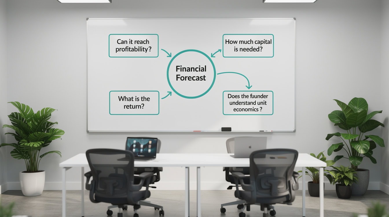 Diagram showing four questions investors answer using a startup financial forecast | eFinancialModels Diagram showing four questions investors answer using a startup financial forecast