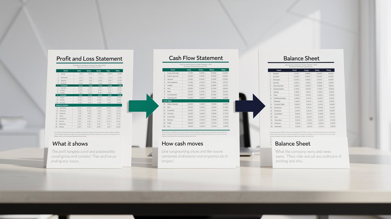 Three core financial statements for a startup PL cash flow statement and balance sheet shown side by side | eFinancialModels Three core financial statements for a startup: P&L, cash flow statement, and balance sheet shown side by side