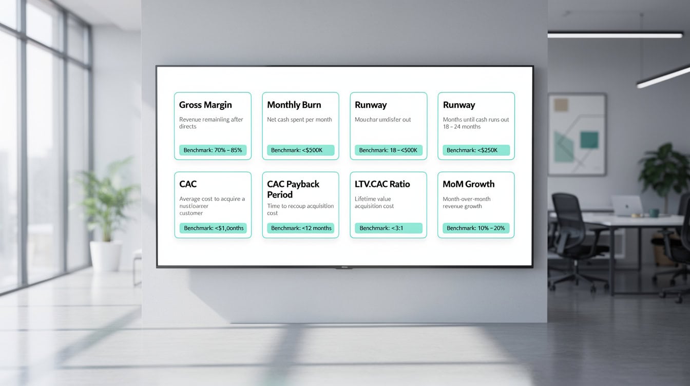 Dashboard showing 7 key startup metrics investors extract from financial forecasts including gross margin burn rate and CAC payback | eFinancialModels Dashboard showing 7 key startup metrics investors extract from financial forecasts including gross margin, burn rate, and CAC payback
