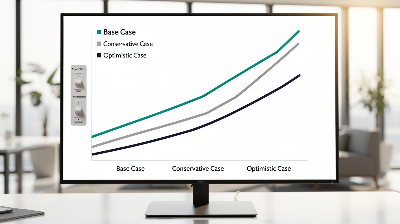 Three-scenario financial forecast diagram showing base conservative and optimistic revenue growth curves | eFinancialModels Three-scenario financial forecast diagram showing base, conservative, and optimistic revenue growth curves