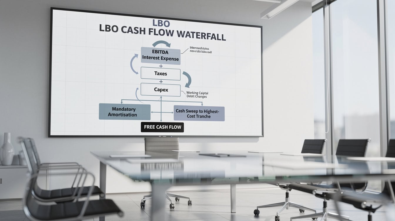LBO cash flow waterfall diagram showing how EBITDA flows through interest taxes and capex to free cash flow then routes to mandatory debt amortization and cash sweep | eFinancialModels LBO cash flow waterfall diagram showing how EBITDA flows through interest, taxes, and capex to free cash flow, then routes to mandatory debt amortization and cash sweep