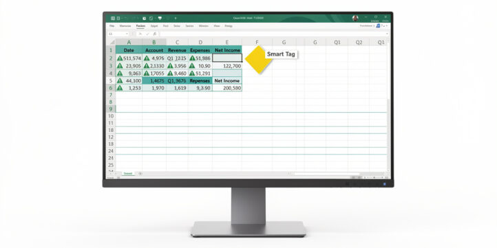Excel spreadsheet showing green triangle error indicators in cell corners with Smart Tag diamond icon visible