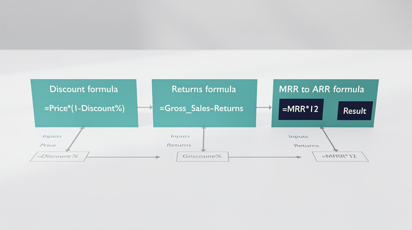 Diagram showing three Excel revenue formulas for discounts returns and subscription MRR to ARR conversion | eFinancialModels Diagram showing three Excel revenue formulas for discounts, returns, and subscription MRR to ARR conversion