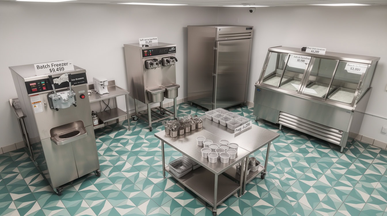 Ice cream shop equipment layout diagram showing batch freezer, soft-serve machine, dipping cabinets, and POS system with price ranges
