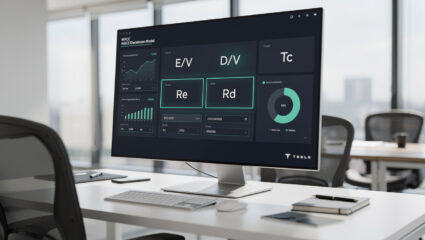 WACC calculator dashboard showing formula components E/V, D/V, Re, Rd, and Tc on a financial model screen