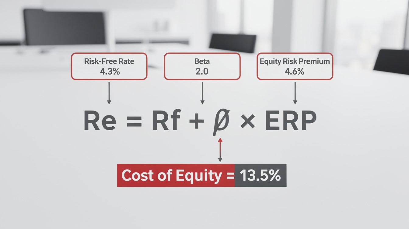 CAPM formula diagram showing risk-free rate 43 beta 20 and equity risk premium 46 combining to produce cost of equity of 135 | eFinancialModels CAPM formula diagram showing risk-free rate 4.3%, beta 2.0, and equity risk premium 4.6% combining to produce cost of equity of 13.5%