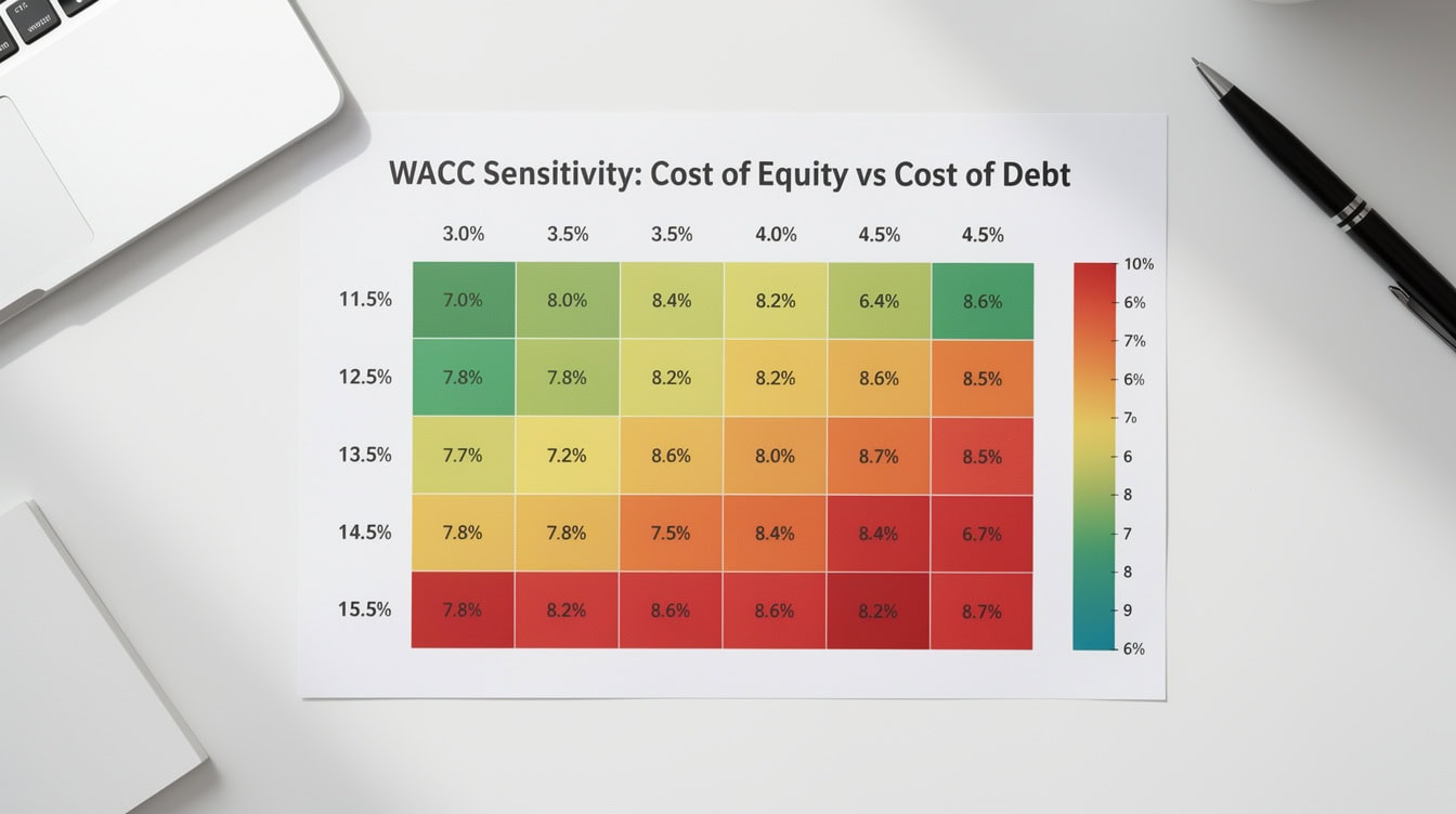 WACC sensitivity heatmap showing how WACC changes as cost of equity varies from 115 to 155 and cost of debt varies from 30 to 45 | eFinancialModels WACC sensitivity heatmap showing how WACC changes as cost of equity varies from 11.5% to 15.5% and cost of debt varies from 3.0% to 4.5%