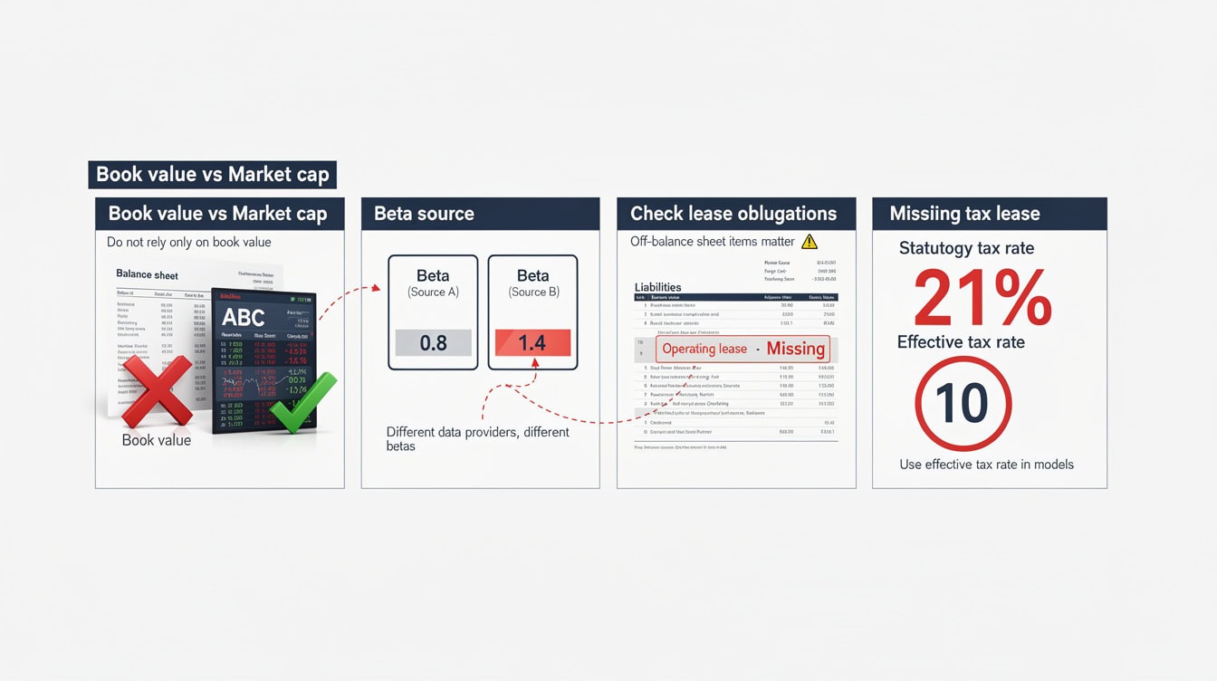 Four-panel infographic showing the four most common WACC calculation mistakes and their fixes | eFinancialModels Four-panel infographic showing the four most common WACC calculation mistakes and their fixes