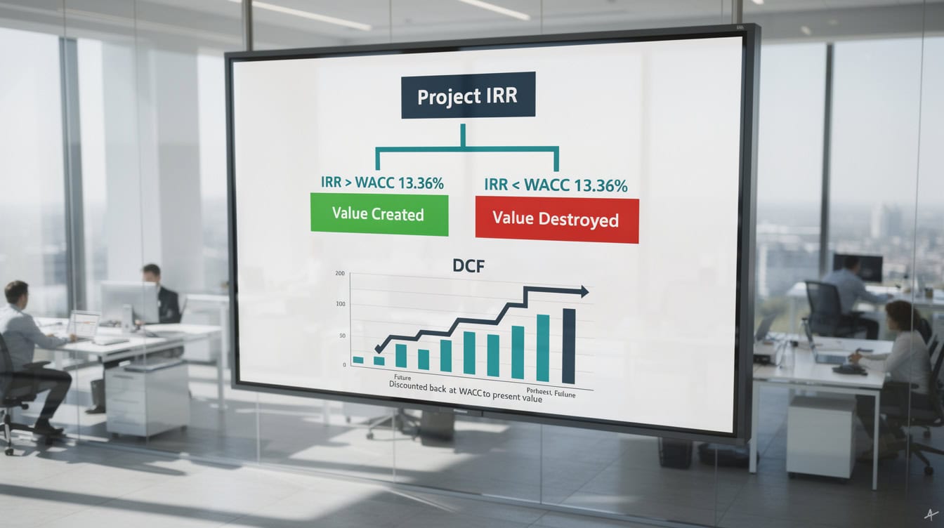 Decision tree showing WACC as the hurdle rate projects with IRR above 1336 create value projects below destroy value | eFinancialModels Decision tree showing WACC as the hurdle rate: projects with IRR above 13.36% create value, projects below destroy value