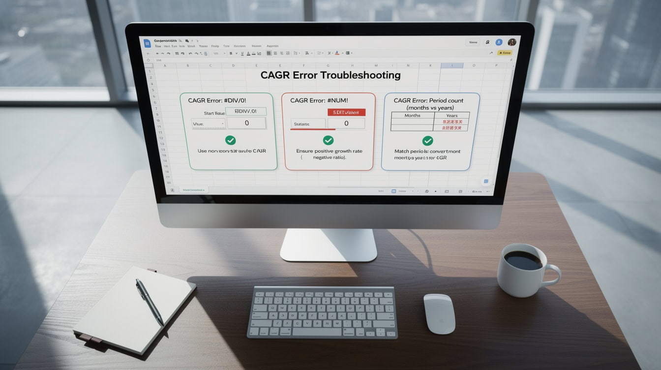 Google Sheets error troubleshooting diagram showing DIV0 NUM and period count errors with fixes | eFinancialModels Google Sheets error troubleshooting diagram showing DIV/0, NUM, and period count errors with fixes