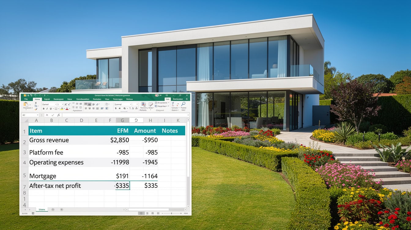 Excel spreadsheet showing 2-bedroom Airbnb property financial breakdown from 850 gross revenue to 5 after-tax net profit | eFinancialModels Excel spreadsheet showing 2-bedroom Airbnb property financial breakdown from ,850 gross revenue to 5 after-tax net profit