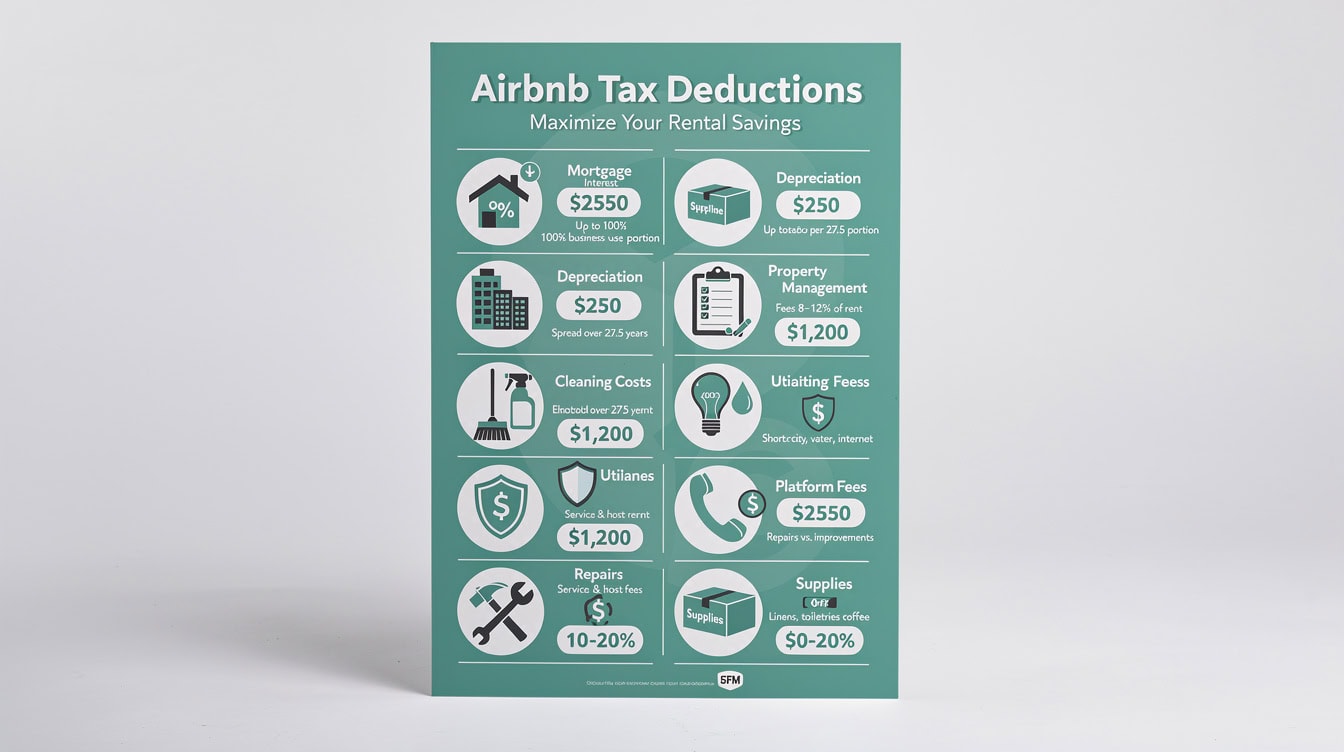 Infographic showing 9 Airbnb tax deductions including mortgage interest depreciation at 275 years property management fees and cleaning costs | eFinancialModels Infographic showing 9 Airbnb tax deductions including mortgage interest, depreciation at 27.5 years, property management fees, and cleaning costs