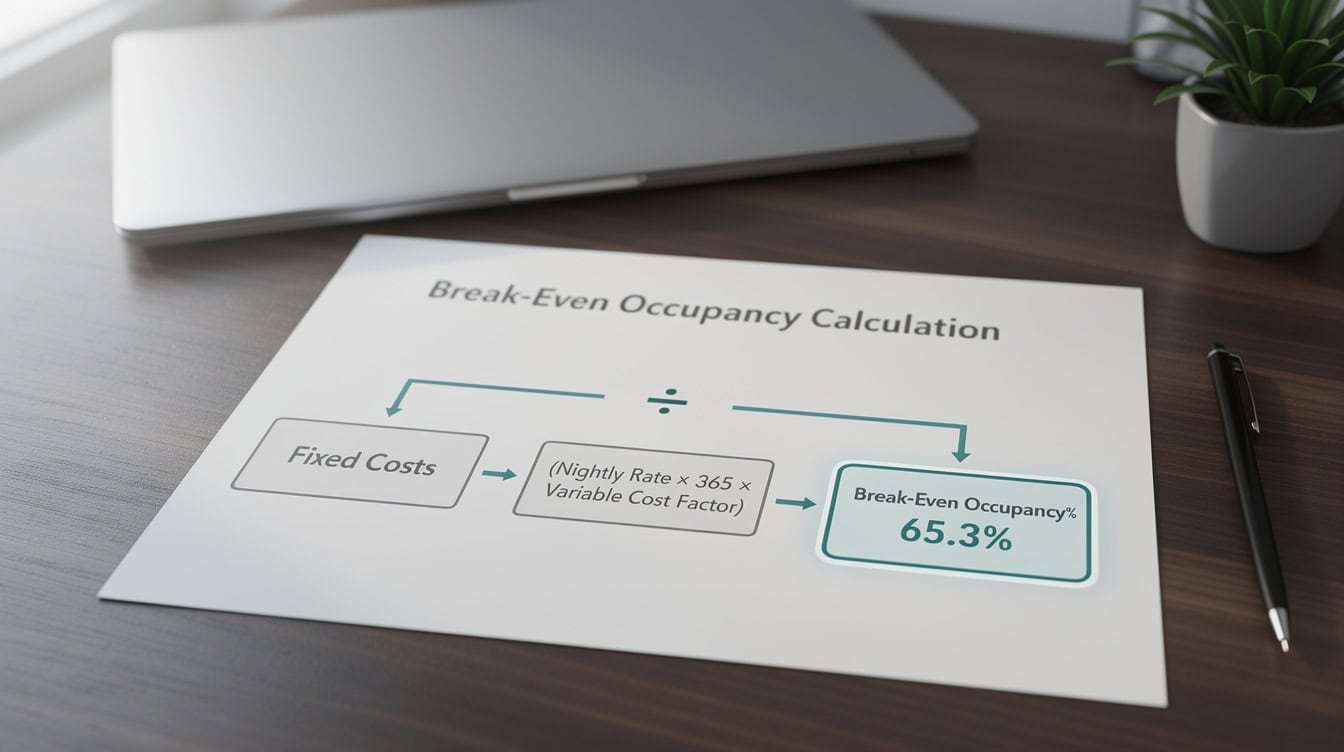 Flowchart showing break-even occupancy calculation formula resulting in 653 for a 2-bedroom Airbnb property | eFinancialModels Flowchart showing break-even occupancy calculation formula resulting in 65.3% for a 2-bedroom Airbnb property