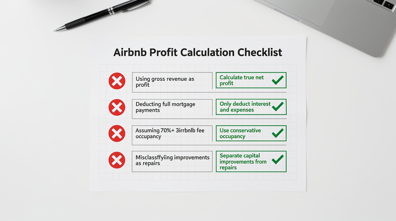 Checklist diagram showing 5 common Airbnb profit calculation mistakes with red X marks and correct approaches with green checkmarks | eFinancialModels Checklist diagram showing 5 common Airbnb profit calculation mistakes with red X marks and correct approaches with green checkmarks
