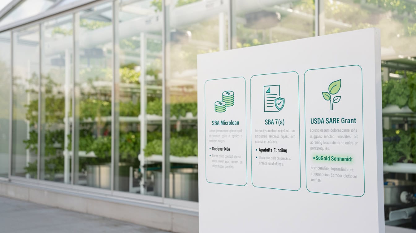 Aquaponics financing options comparison showing SBA microloan, SBA 7a loan, and USDA SARE grant details
