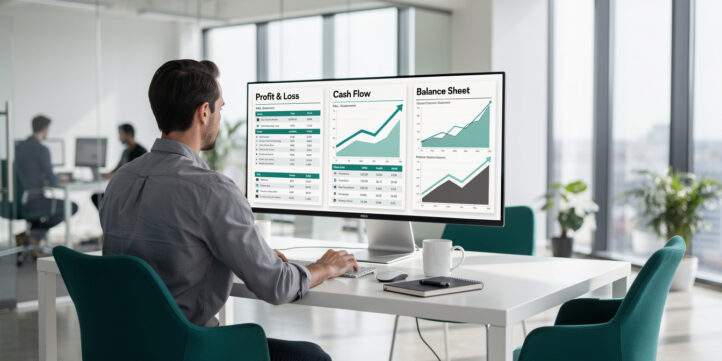 Startup founder reviewing three core financial statements on a monitor with upward-trending charts
