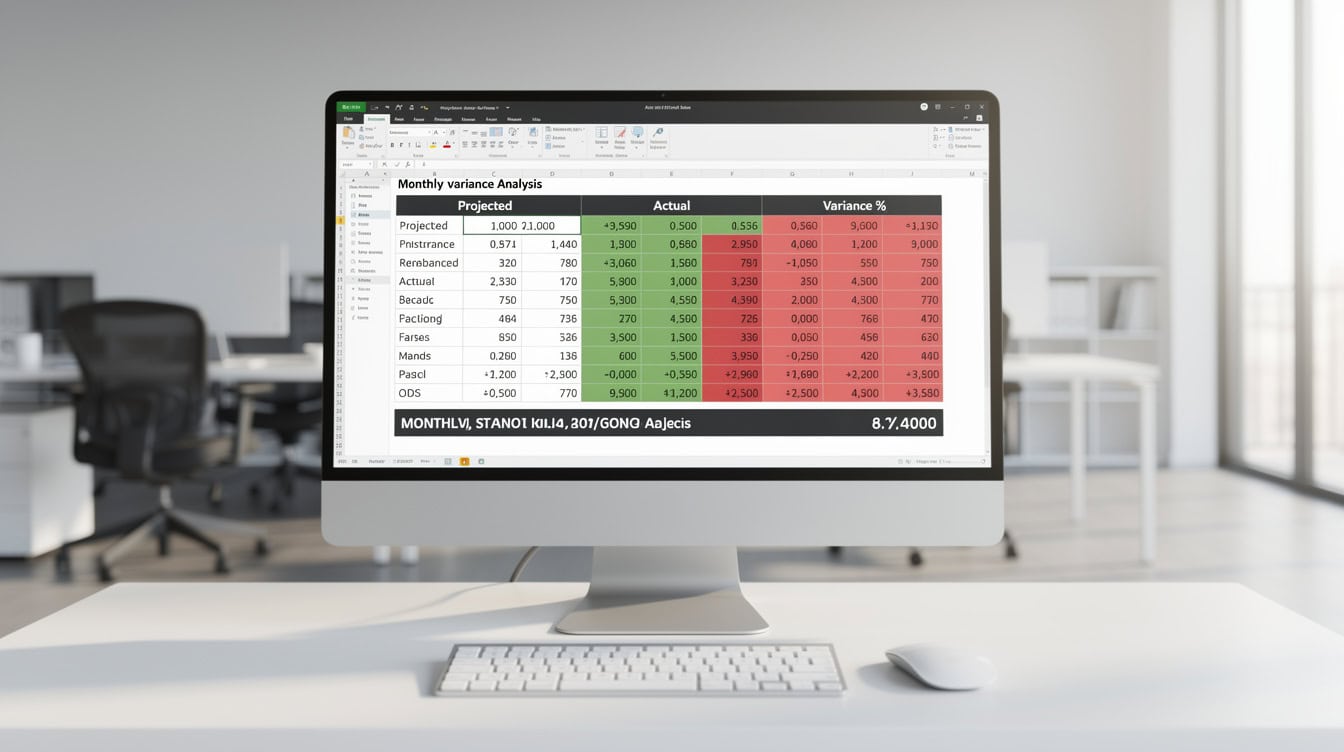 Excel-style variance analysis table comparing projected versus actual startup financial results by month | eFinancialModels Excel-style variance analysis table comparing projected versus actual startup financial results by month
