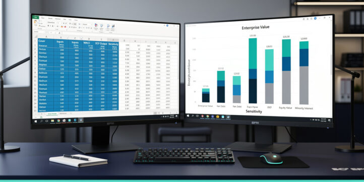 Professional analyst using the EFM DCF valuation model Excel template on dual monitors