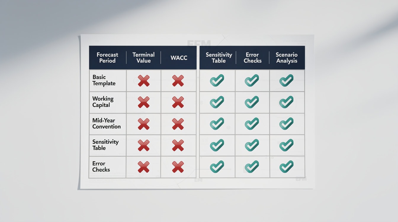 Feature comparison table between a basic DCF template and the EFM professional DCF template | eFinancialModels Feature comparison table between a basic DCF template and the EFM professional DCF template