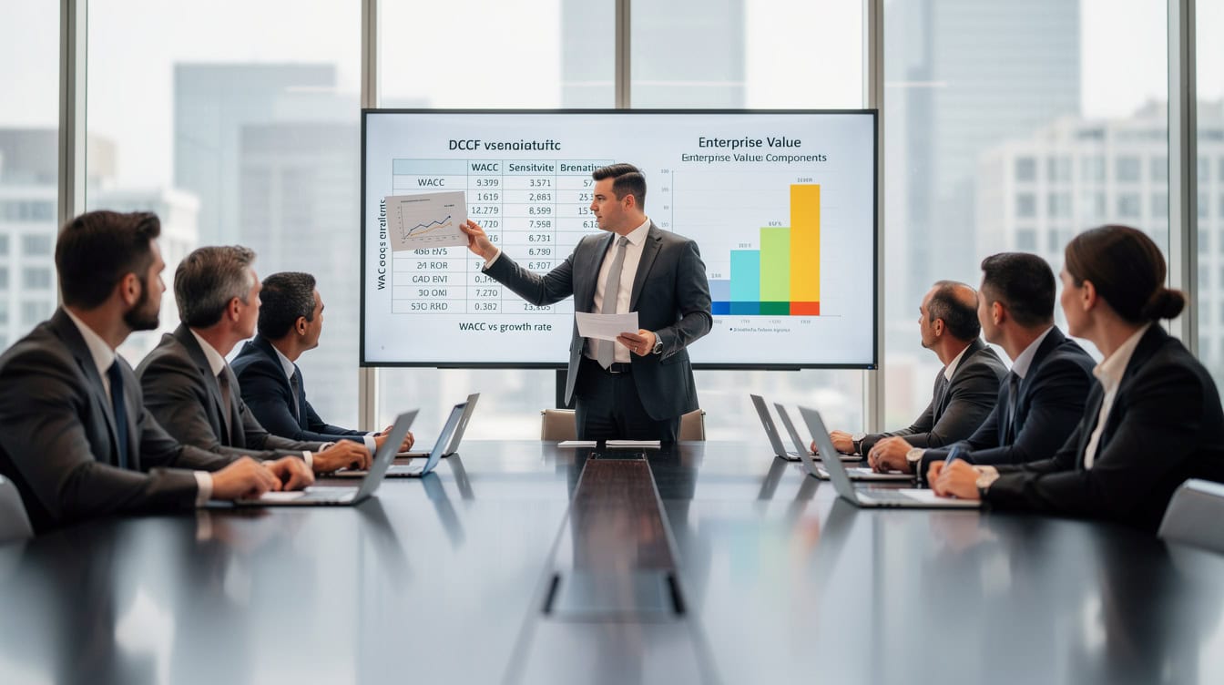 Finance analyst presenting a completed DCF valuation with sensitivity table to a boardroom | eFinancialModels Finance analyst presenting a completed DCF valuation with sensitivity table to a boardroom