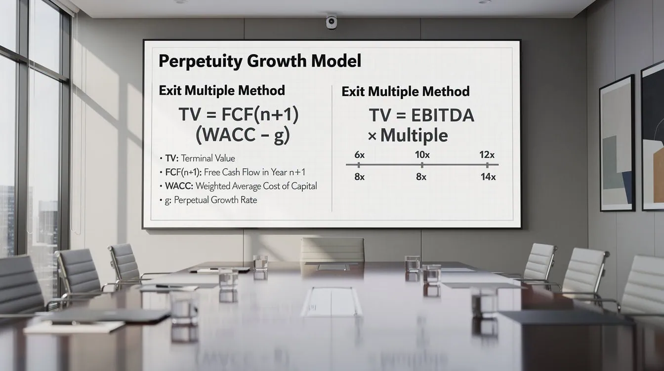 Diagram comparing perpetuity growth model and exit multiple methods for terminal value calculation | eFinancialModels Diagram comparing perpetuity growth model and exit multiple methods for terminal value calculation