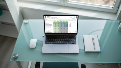 Google Sheets amortization schedule displayed on a laptop screen with color-coded columns