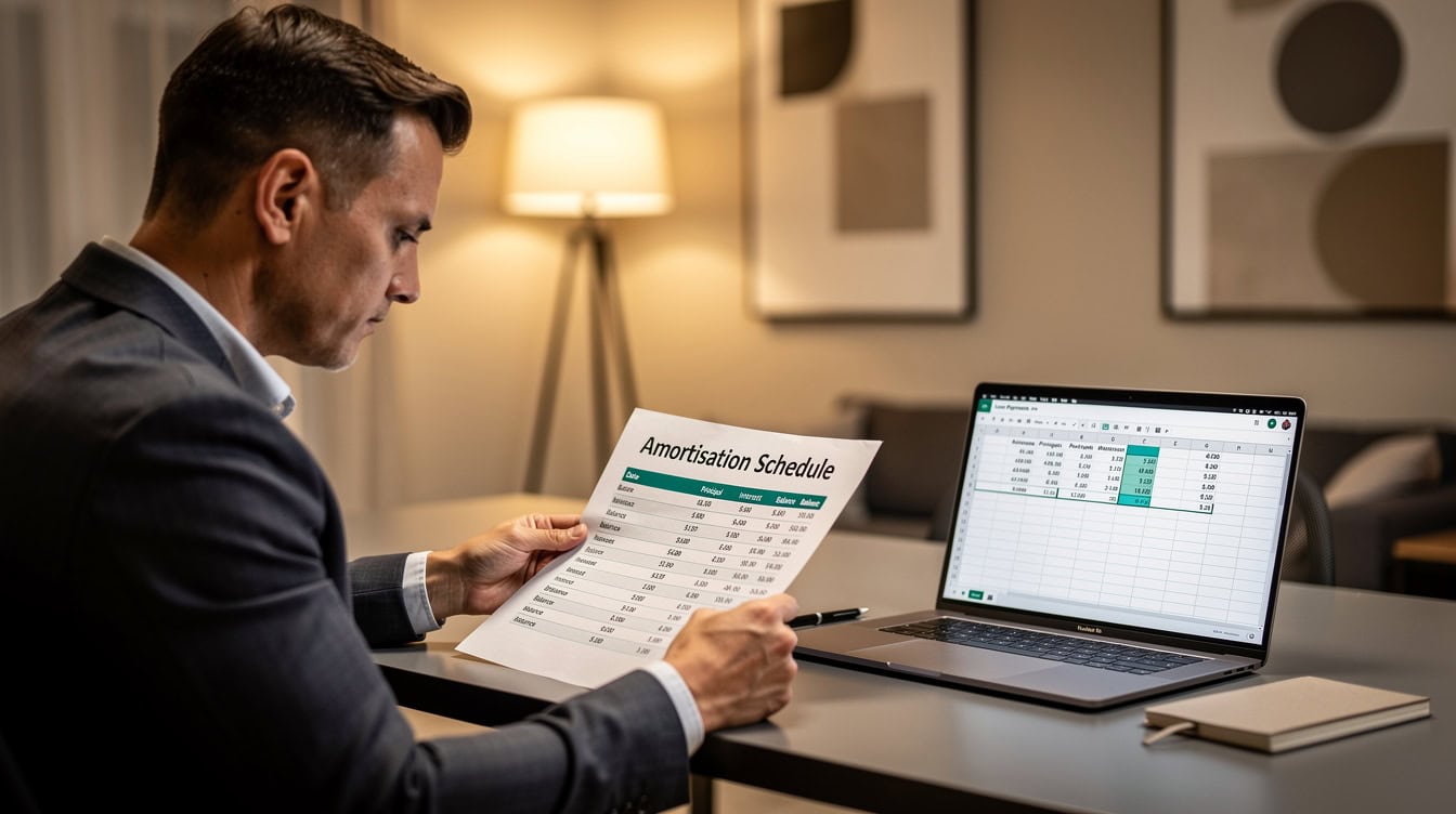 Business owner reviewing an amortization schedule report with Google Sheets open on a laptop in the background | eFinancialModels Business owner reviewing an amortization schedule report with Google Sheets open on a laptop in the background