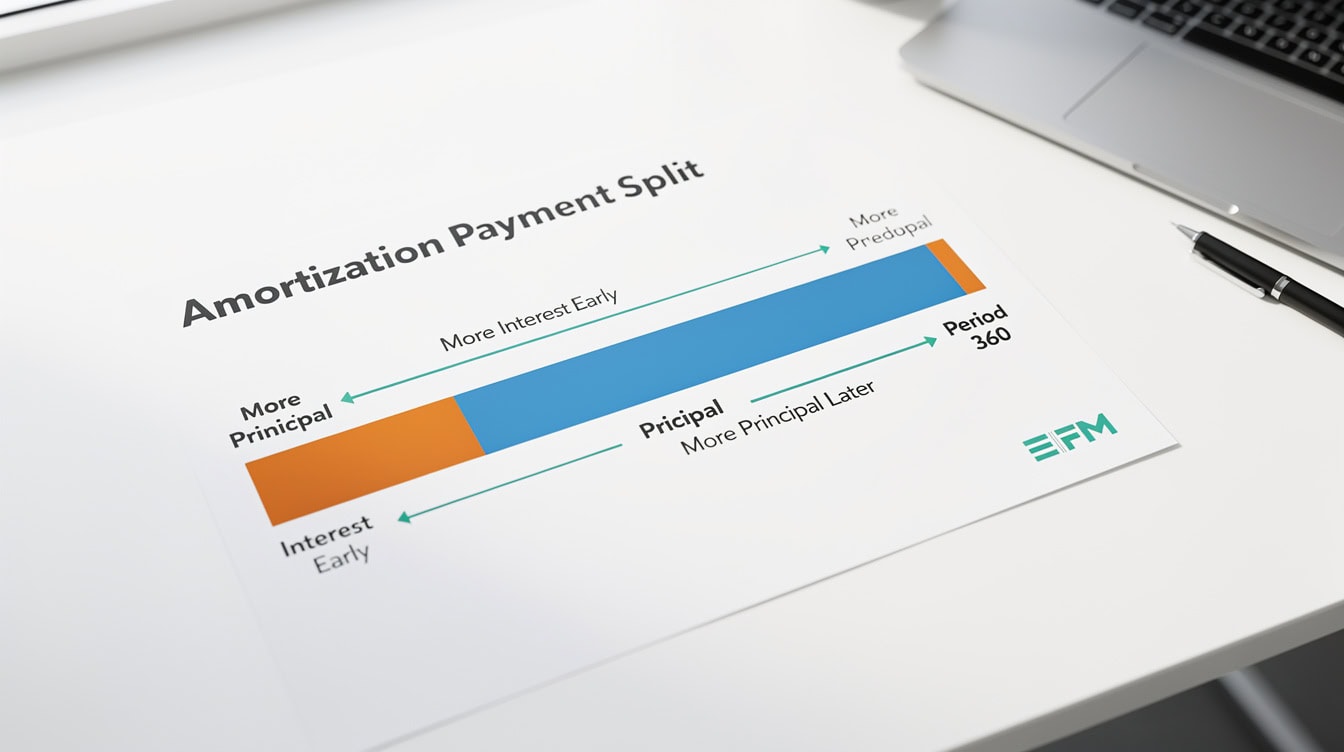 Diagram showing how interest and principal portions of a loan payment shift over time from mostly interest to mostly principal | eFinancialModels Diagram showing how interest and principal portions of a loan payment shift over time from mostly interest to mostly principal