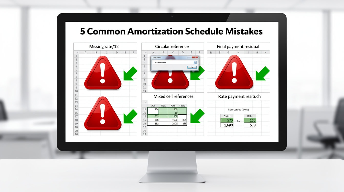 Diagram showing five common Excel amortization schedule mistakes with their corresponding fixes | eFinancialModels Diagram showing five common Excel amortization schedule mistakes with their corresponding fixes