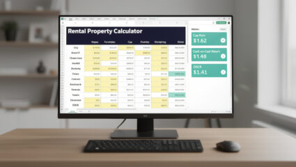 Excel rental property calculator spreadsheet with color-coded inputs and metrics dashboard